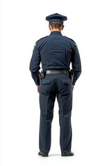 Back View of a Police Officer in Blue Uniform and Cap