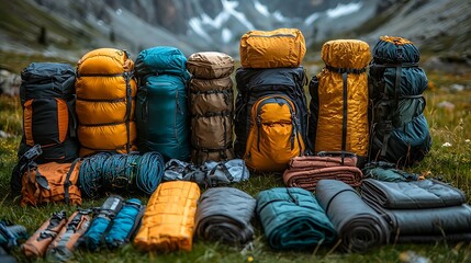 Fototapeta premium Mountain Hiking Gear Backpacks Sleeping Bags Mats for Outdoor Adventure