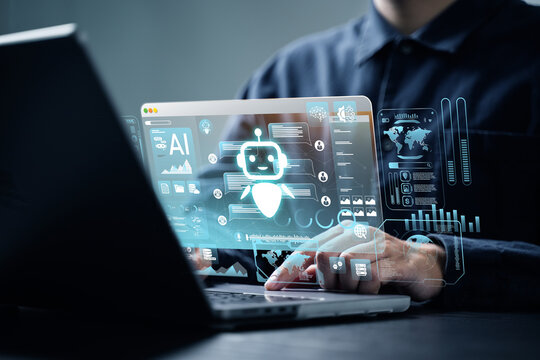 AI content creation tools: Man uses laptop with AI assistant for graphic design, translation, chatbot, image creation, coding, and advertising.