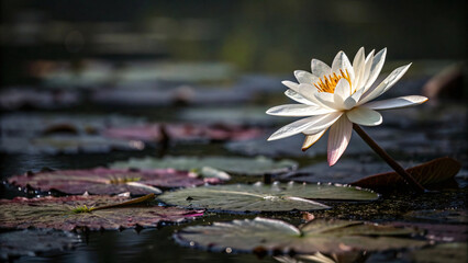 Beautiful white lotus blossoms grace the tranquil pond
