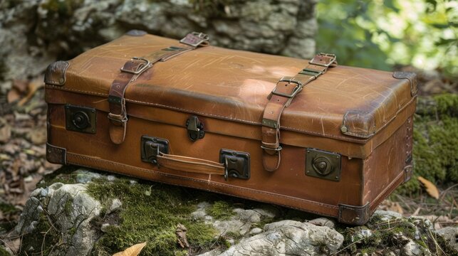 A durable and secure travel suitcase with straps, ideal for rugged journeys,