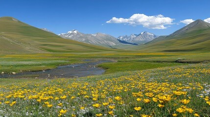 Fototapeta premium Serene Mountain Valley with Wildflowers and Stream