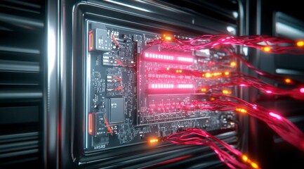 Futuristic Server Rack  High Res Motherboard Closeup with Glowing Cables