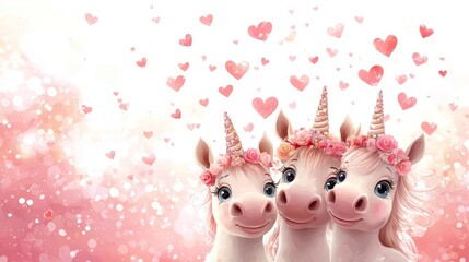 Naklejka premium Cartoon unicorns with large glittering eyes, wearing love-themed crowns and garlands, surrounded by floating hearts, bright and cheerful style, isolated on white