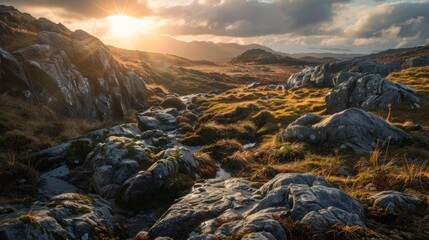 Obraz premium A dynamic composition of sunlight and shadows, playing across a rocky landscape,