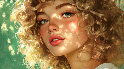 Obraz premium An extremely beautiful young woman with curly blonde hair, against a green background, generative AI