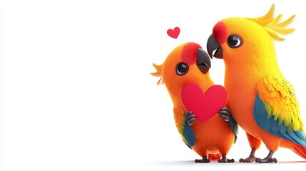Cartoon-style lovebirds holding Valentine's cards in their beaks, playful expression, bright and colorful, cut-out on white