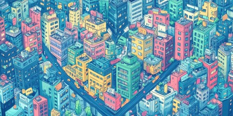 Colorful aerial view depicts a densely populated city landscape
