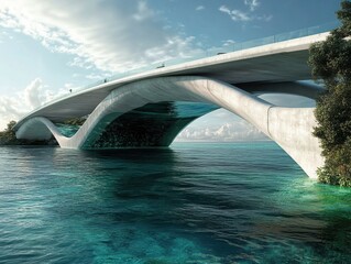A modern bridge arching over clear blue water, surrounded by lush greenery under a bright sky, showcasing innovative architecture and natural beauty.