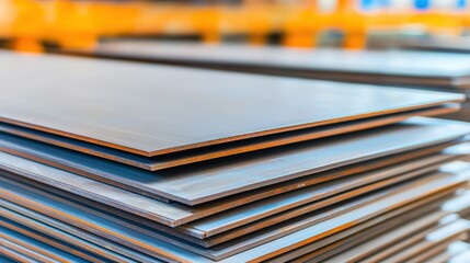 A close-up of stacked steel sheets, showcasing their smooth surface and metallic finish in a warehouse setting.