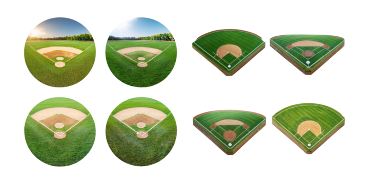 Baseball Field Layouts with Different Perspectives and Angles, isolated on transparent background