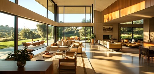 Bright living space with an open floor plan, modern furniture, and large glass windows