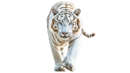 A striking white tiger approaches with confidence