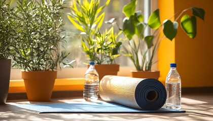 Bright yoga studio corner with a rolled-up mat, potted plants, and a water bottle