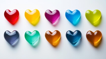 Obraz premium Collection of colorful candy hearts featuring neon-inspired shades and bold Valentine's text, isolated cleanly on a white background