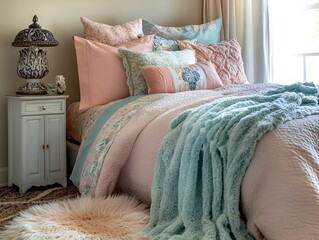 Charming bedroom with pastel bedding, fluffy rugs, and a decorative bedside lamp