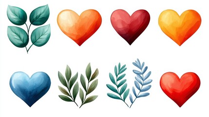 Collection of hand-drawn hearts with unique textures, watercolor effect, soft pastel shades, cut out, isolated on white