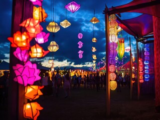 Naklejka premium Vibrant lanterns illuminate a festive outdoor scene at dusk, creating a magical atmosphere filled with colors and shapes.