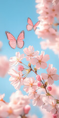 Fototapeta premium Delicate pink butterflies fluttering around blooming cherry blossom branches in bright blue sky