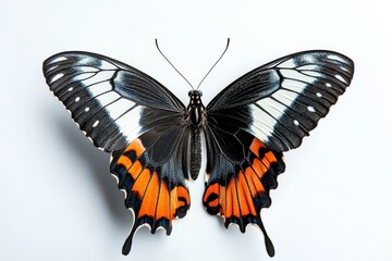 Fototapeta premium Striking Blue Orange Butterfly Wings on White - A vibrant butterfly with striking blue and orange wings, set against a clean white background. Symbolizing transformation, beauty, freedom, nature