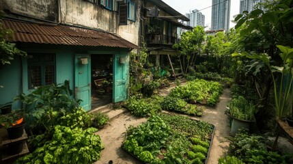 A lush garden surrounds a rustic house, featuring various plants with high-rise buildings in the background, blending nature and urban life.