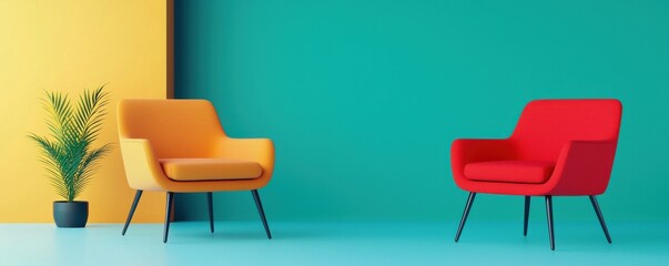 Fototapeta premium Colorful lounge chairs in modern interior design with vibrant teal and yellow walls and a potted plant accent