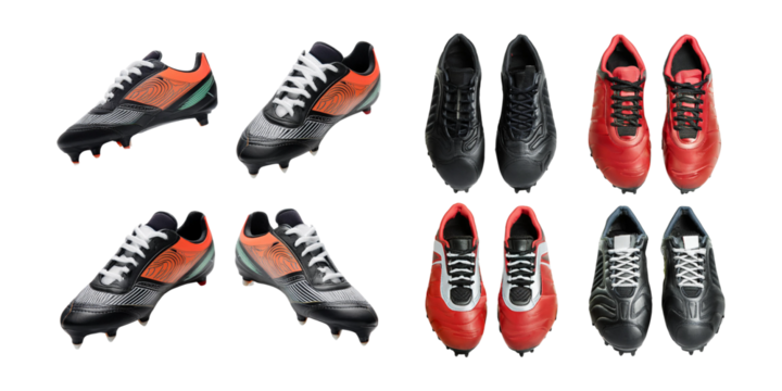 Six Pairs of Soccer Cleats in Various Colors and Styles, isolated on transparent background