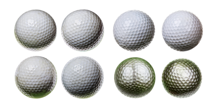 Collection of Golf Balls in Different Angles and Perspectives, isolated on transparent background
