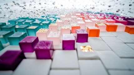 Fototapeta premium Colorful Resin Cubes 3D Wall Art Gold Leaf Abstract Modern Home Decor