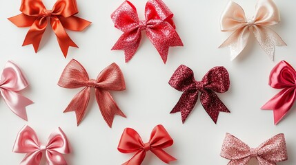 Collection of romantic-themed gift bows with heart patterns and lace trims, pastel tones, soft shadows, isolated white background