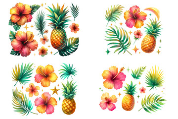 Fototapeta premium Tropical summer elements include a hibiscus flower, a palm leaf, and a pineapple, with subtle sparkles and soft gradients. Watercolor clipart illustration isolated on a white background