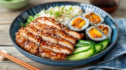 Delicious Teriyaki Chicken Bowl with Rice, Cucumber, and Kimbap