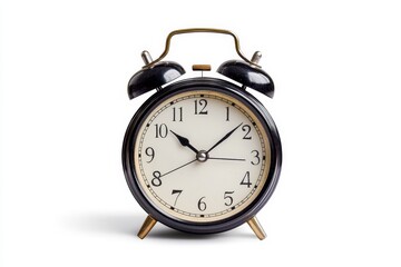 Vintage Alarm Clock on White Background - Classic black alarm clock, isolated on white. Symbolizing time, punctuality, schedule, wake-up, and routine