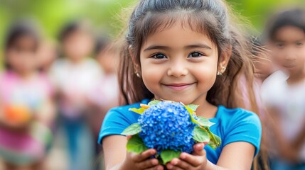 Fototapeta premium Happy Little Girl Holding Blue Hydrangea Flowers