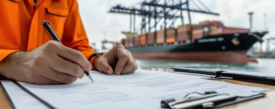 Manager Signing Documents at Shipping Port with Cargo Ship in Background Under Clear Sky