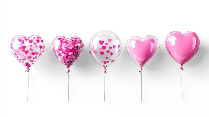 Creative set of mixed balloons, including transparent ones with confetti inside, heart-shaped designs, and neon pink accents, cut out on white