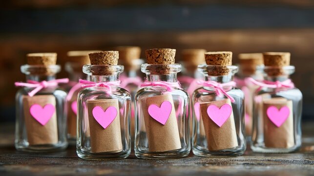 Creative set of mini bottles containing rolled love letters, sealed with cork stoppers and tied with neon pink strings, perfect for Valentine's gifts
