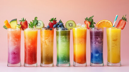Fototapeta premium Freshly blended fruit and vegetable juices in vibrant colors, showcasing variety of flavors and garnishes. Perfect for refreshing drink on sunny day