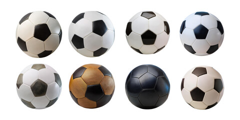 Naklejka premium Various Soccer Balls Displayed in a Grid Arrangement, isolated on transparent background