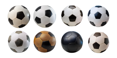 Various Soccer Balls Displayed in a Grid Arrangement, isolated on transparent background