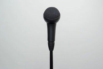 Obraz premium Wired Microphone on White Background - A single black wired microphone stands upright against a clean white backdrop. It symbolizes communication, public speaking, broadcasting, performance