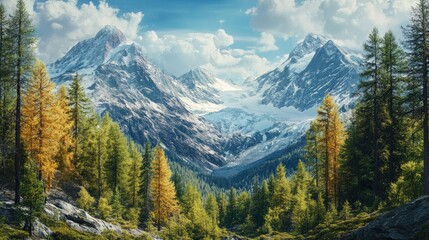 Obraz premium Majestic Alpine Landscape with Golden Larch Trees and Snow-capped Peaks