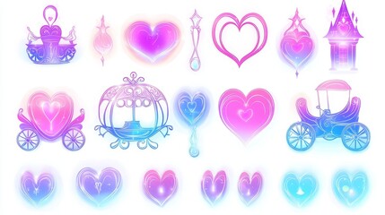 Obraz premium Cutout set of glowing fairytale elements including neon heart rings, enchanted carriages, and floating love spells, isolated on white