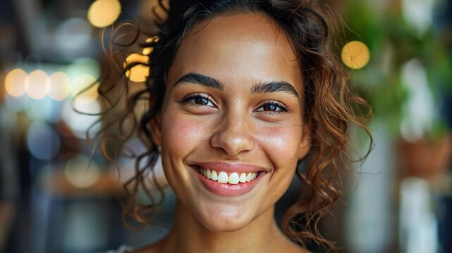 smiling petty young Indian woman at modern office with bokeh light 
