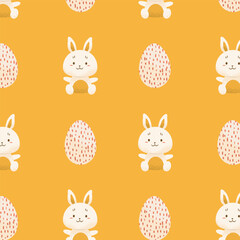 Seamless pattern with bunnies and painted eggs on yellow background. Children's charming pattern for Easter. Celebration of Christian holiday. Warm cozy drawing. Vector illustration.