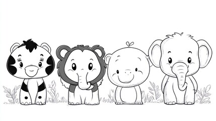 Cute cartoon animals, zebra, lion, elephant, and baby animals in a black and white illustration.