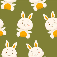 Seamless pattern with bunnies on green background. Children's charming pattern for Easter. Celebration of Christian holiday. Vector illustration.