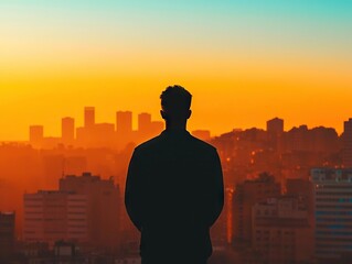 Contemplative individual gazing at sunset over city skyline urban landscape serene environment rear view
