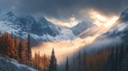 Obraz premium Majestic Sunrise over Snow-Capped Mountains and Golden Larch Forest