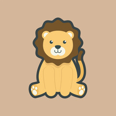 sitting cute lion with outline flat vector design.